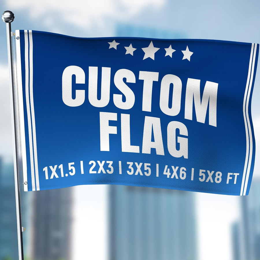 Custom printed double-sided 3x5 ft flag on a flagpole, outdoor shot