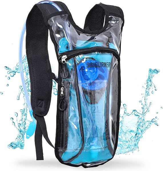 Clear rave hydration pack with a blue 2L water bladder and drink tube