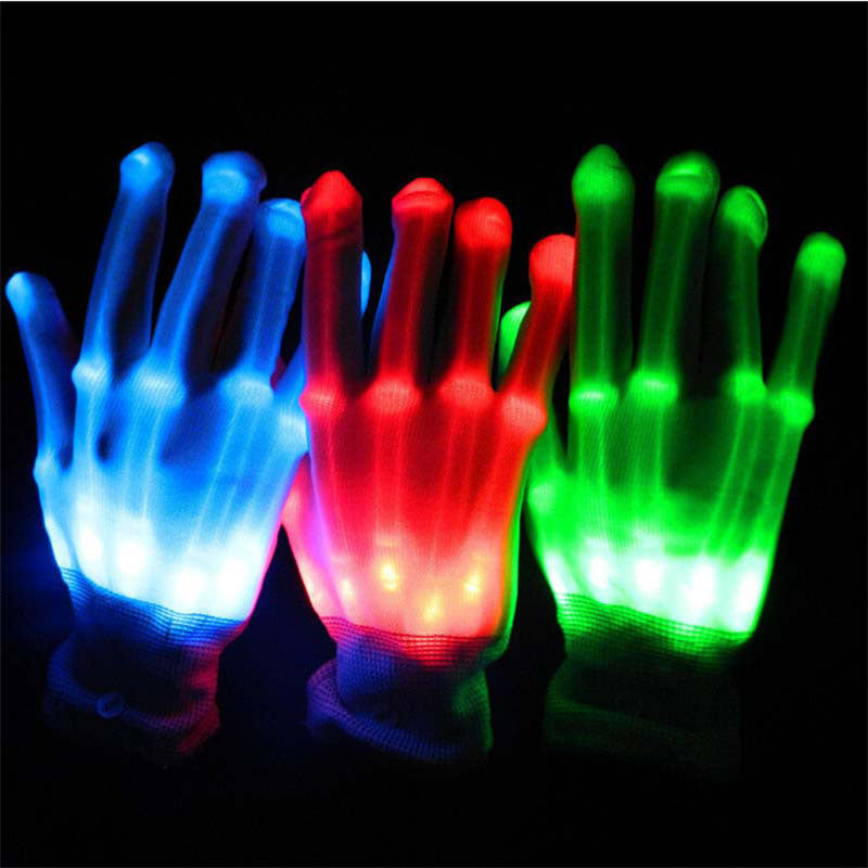 LED rave gloves glowing on hands, light-up gloves illuminated against black background