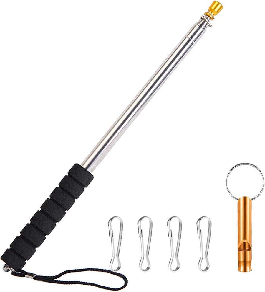 Collapsible telescoping festival totem pole with grip, wrist strap and clips, extended on white background