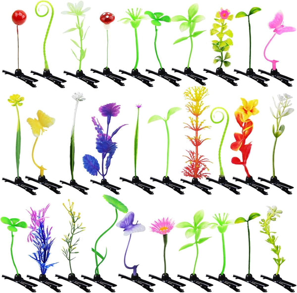 Set of sprout grass and plant hair clips, little green plants and flowers on clips, white background