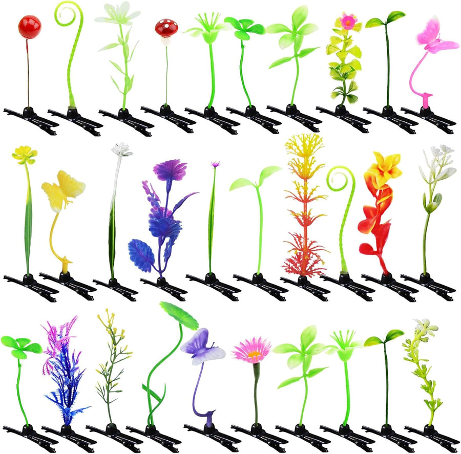 Set of sprout grass and plant hair clips, little green plants and flowers on clips, white background