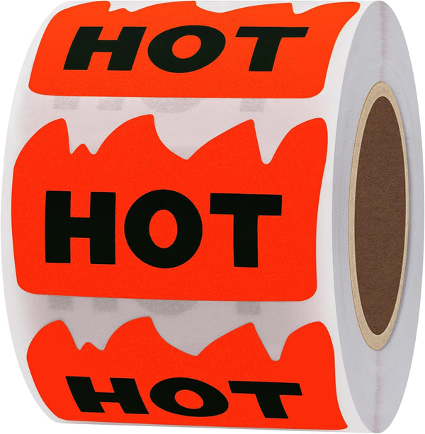 Roll of red flame-shaped HOT novelty stickers with black HOT text on white background