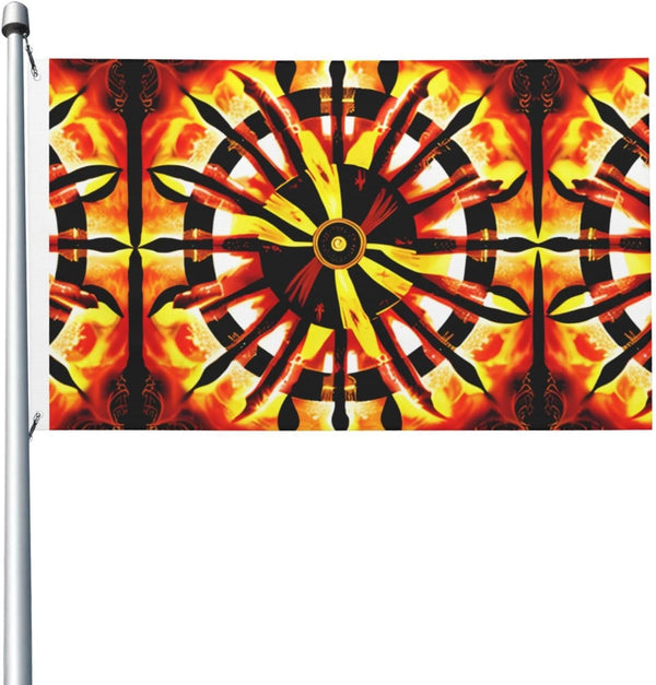Custom printed festival totem sign mounted on a pole, vivid psychedelic graphic, full frame