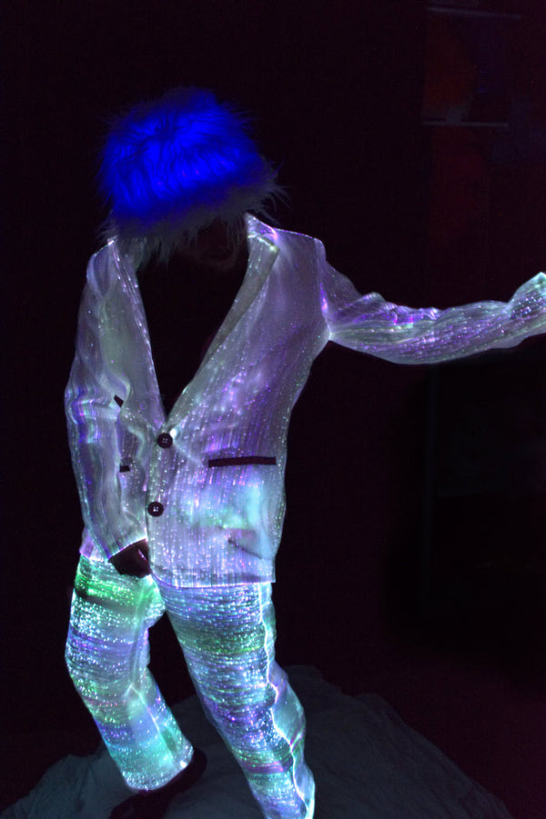 LED fiber-optic light-up jacket, person wearing a glowing fiber-optic outfit lit up in the dark