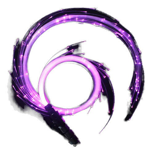 Fiber-optic LED space whip glowing purple with handle and bundle of glowing fibers on white background