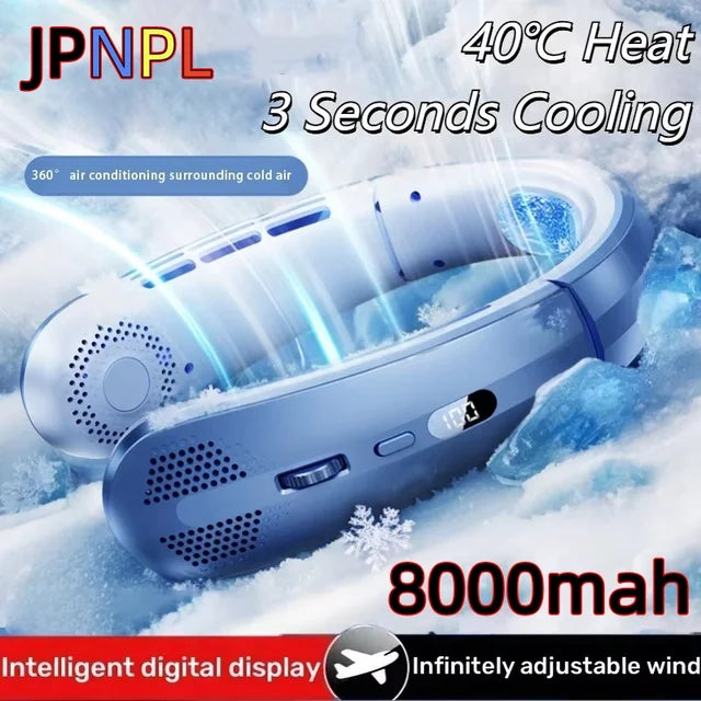 Rechargeable bladeless neck fan cooling device with digital battery display