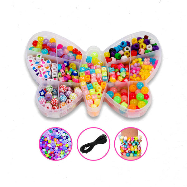Kandi bead kit contents, organizer of rainbow pony beads, letter beads and charms with elastic cord