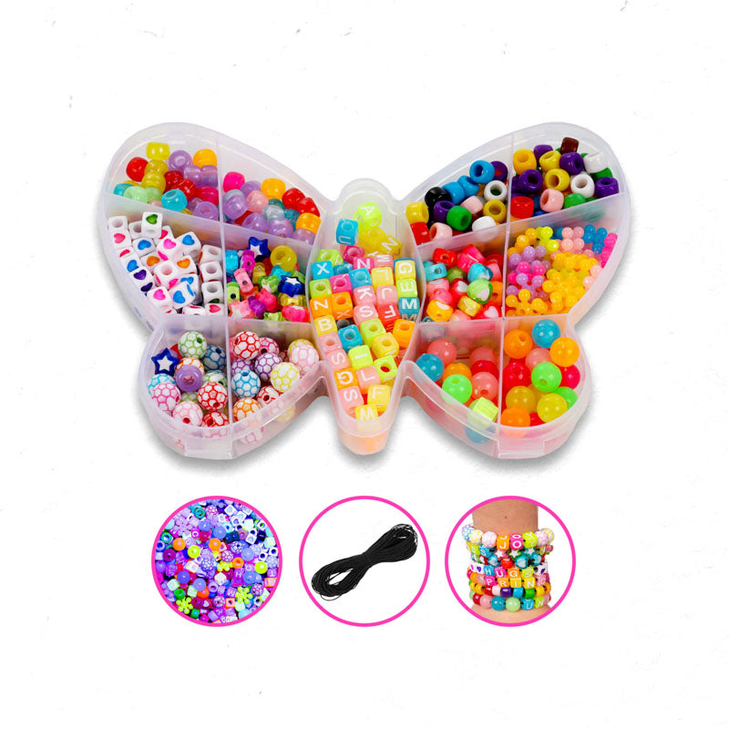 Kandi bead kit contents, organizer of rainbow pony beads, letter beads and charms with elastic cord