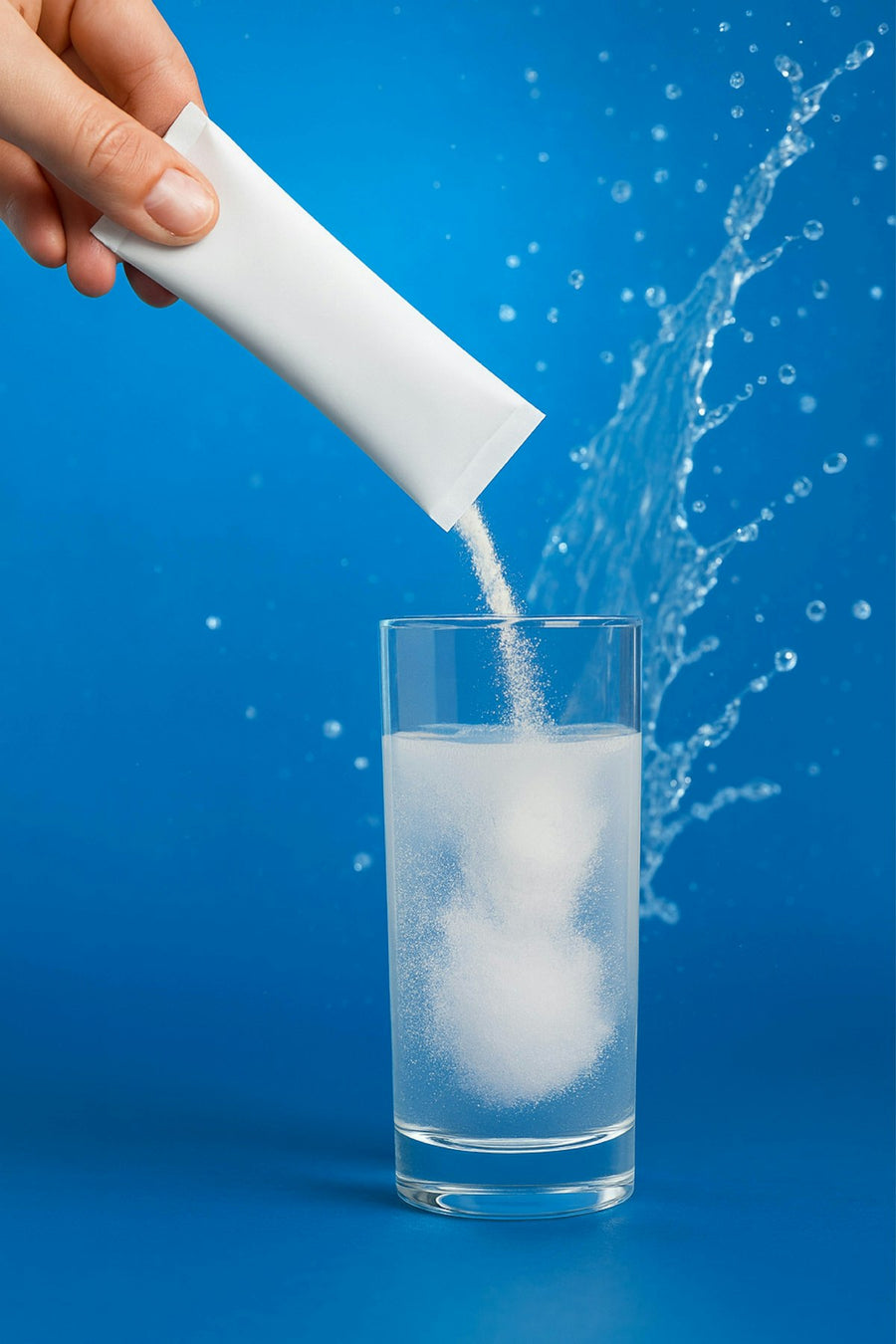 Hand pouring a single-serve electrolyte powder stick packet into a glass of water