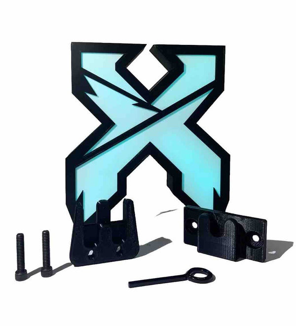 Glowing RGB LED rave totem topper sign lit up with pole-mount bracket hardware on white background